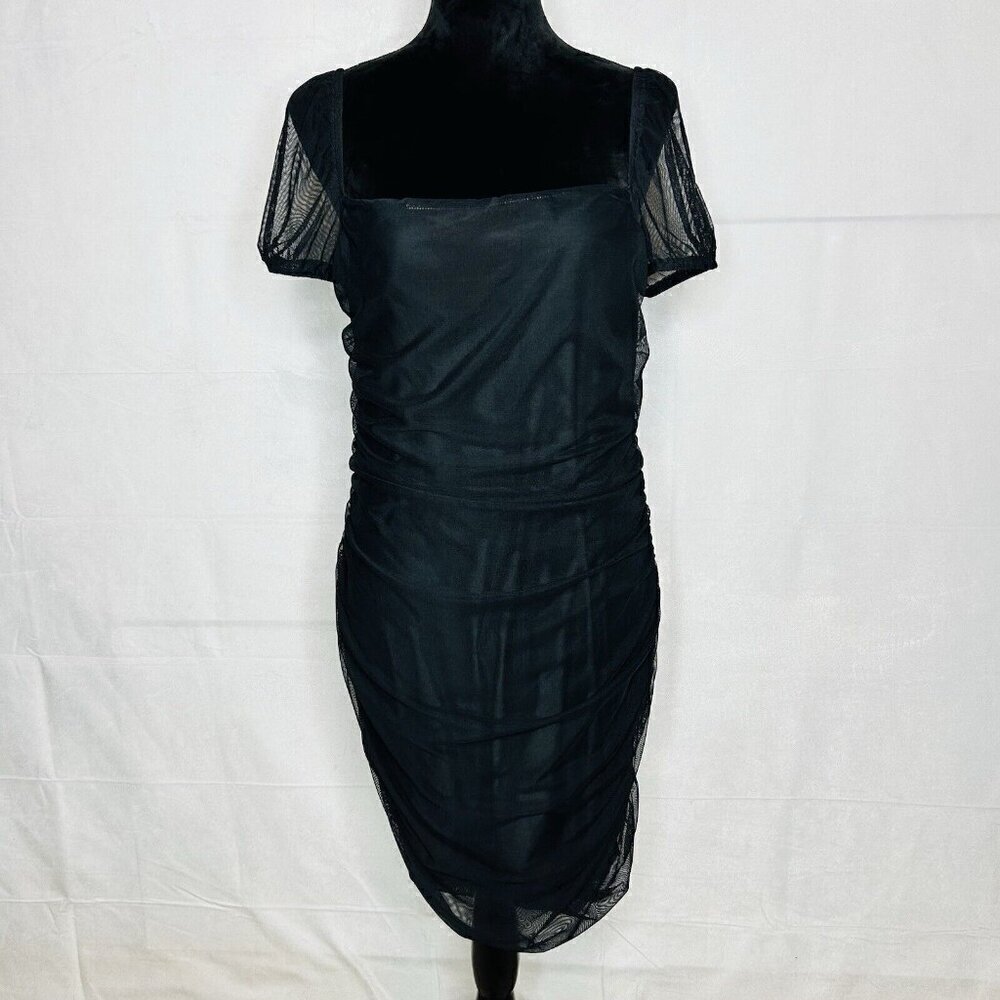 Princess Polly Black Charvi Mini Dress Size 18 Ruched Mesh Overlay Short-Sleeve